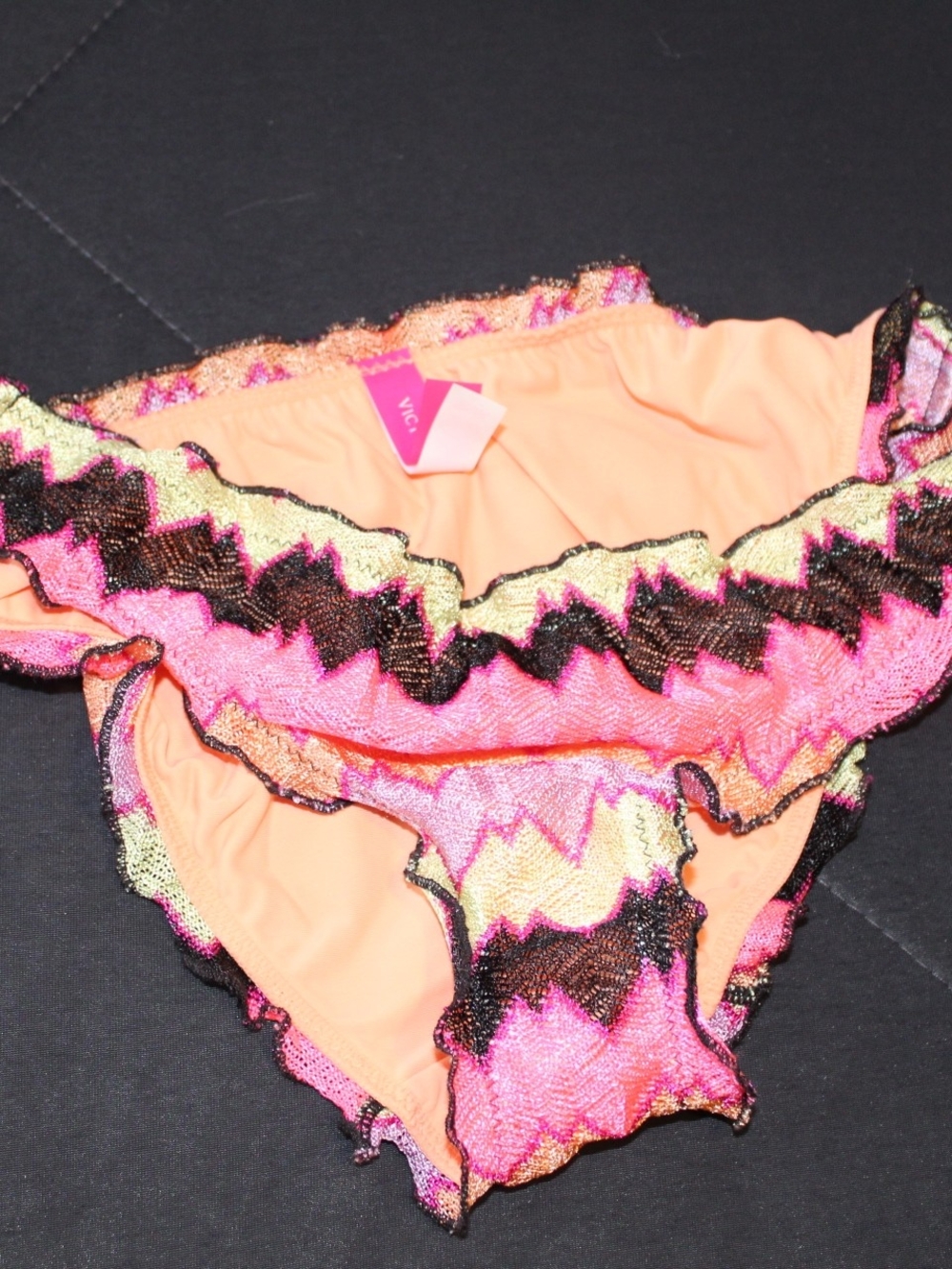 Victoria's Secret Peach Bikini Bottom with Pink and Black Chevron Ruffle